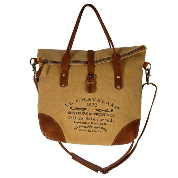 Myra Bag Handmade Chatelard Shoulder Bag Upcycled Canvas & Cowhide Leather - Picture 4 of 13